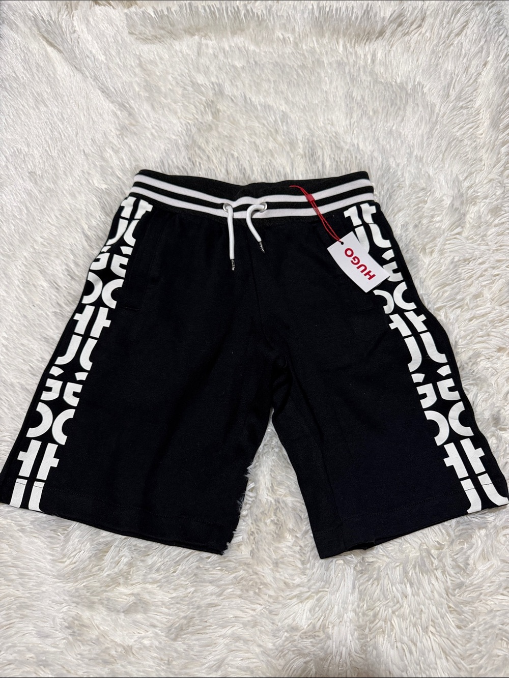 HUGO Black Shorts with White Logo Side Panels